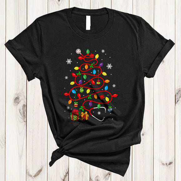 MacnyStore - Christmas Lights Stethoscope, Colorful X-mas Lights Snow Around, Matching Nurse Nursing Lover T-Shirt