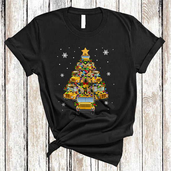 MacnyStore - Christmas School Bus Driver Tree Lights, Amazing Santa School Bus Driver, X-mas Family Group T-Shirt