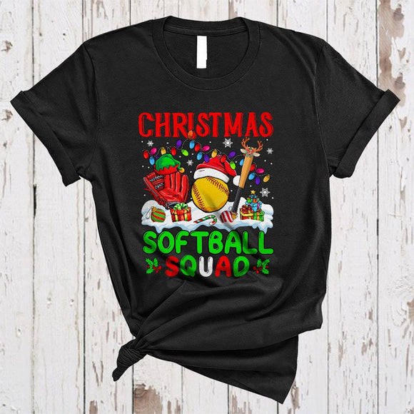 MacnyStore - Christmas Softball Squad, Joyful Cool X-mas Lights Sport Player Team, Snow Around T-Shirt