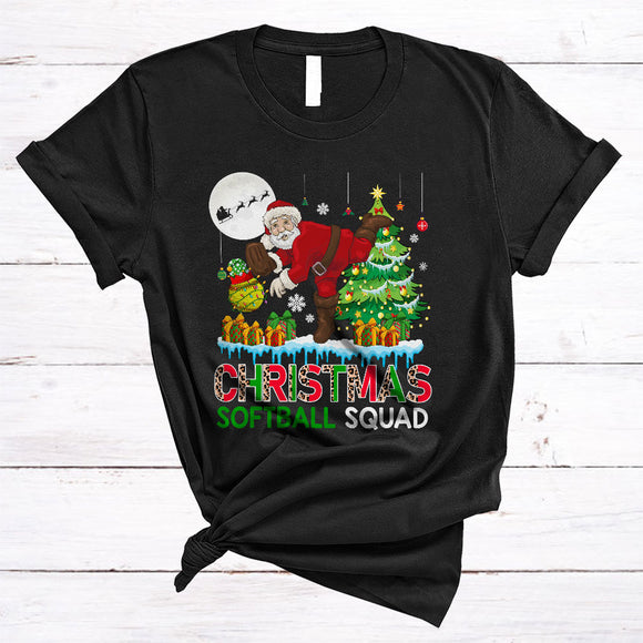 MacnyStore - Christmas Softball Squad, Leopard Cool Santa Playing Softball, Sport Player Team X-mas T-Shirt