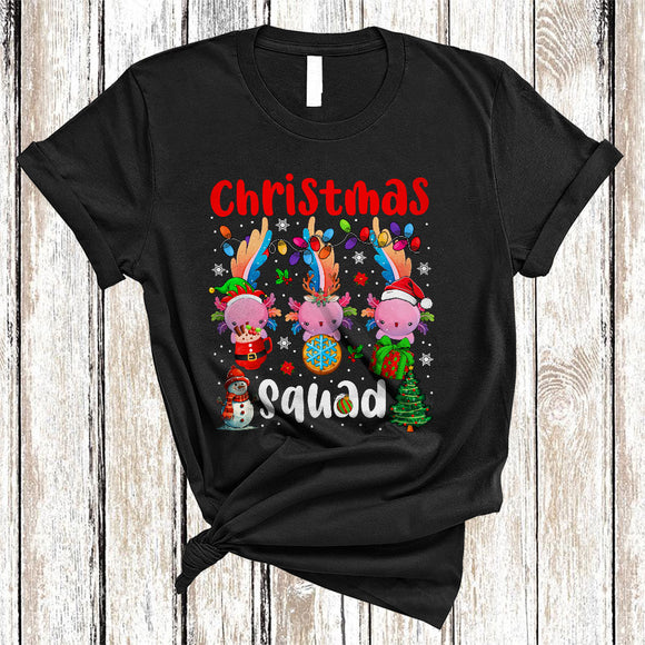 MacnyStore - Christmas Squad, Joyful Cute Axolotl Santa Elf Reindeer, X-mas Lights Snow Animal Lover T-Shirt