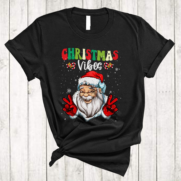 MacnyStore - Christmas Vibes, Funny Joyful Christmas Santa Face Snow Around, X-mas Pajama Family Group T-Shirt