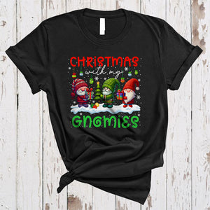 MacnyStore - Christmas With My Gnomies, Adorable Christmas Three Gnomes Squad, X-mas Snow Around T-Shirt