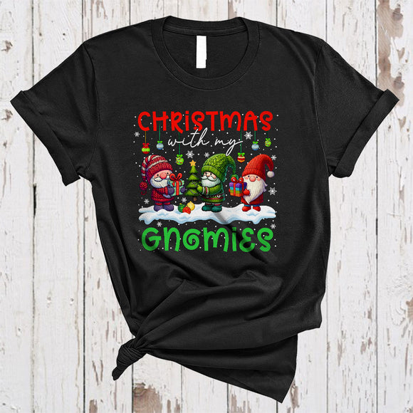 MacnyStore - Christmas With My Gnomies, Adorable Christmas Three Gnomes Squad, X-mas Snow Around T-Shirt