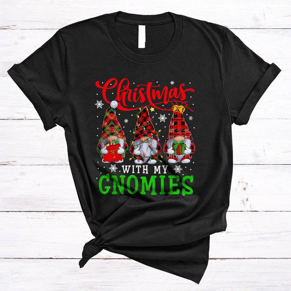 MacnyStore - Christmas With My Gnomies, Cute Red Plaid Three Gnomes Snow Around, Matching Family Group T-Shirt