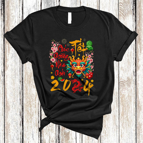 MacnyStore - Chuc Mung Nam Moi 2024, Cheerful Cool Vietnamese Lunar New Year Dragon, Flowers Family T-Shirt