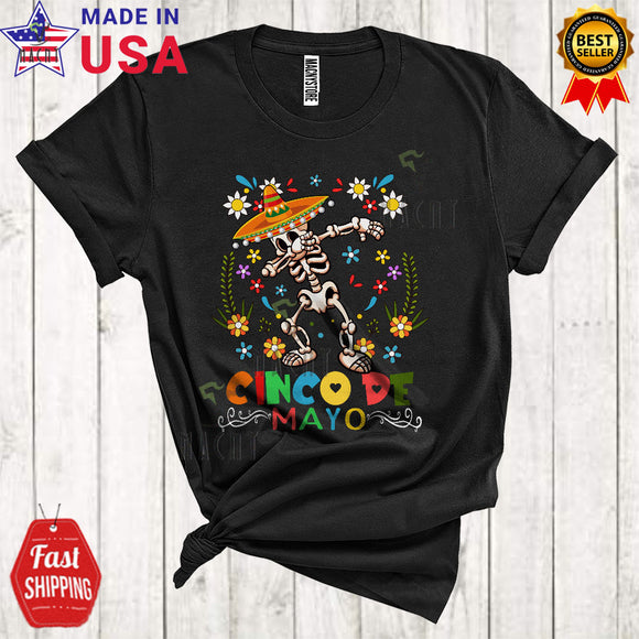 MacnyStore - Cinco De Mayo Cute Cool Flowers Dabbing Skeleton Wearing Sombrero Mexican Pride T-Shirt