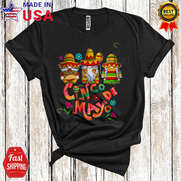 MacnyStore - Cinco De Mayo Cute Happy Cinco De Mayo Mexican Three Gnomes Wearing Sombrero T-Shirt