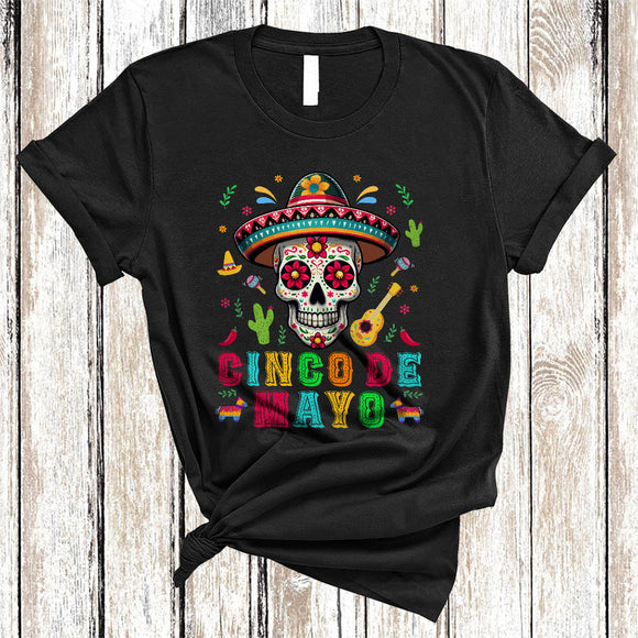 MacnyStore - Cinco De Mayo, Awesome Cinco De Mayo Flowers Sugar Skull Wearing Sombrero, Mexican Pride T-Shirt