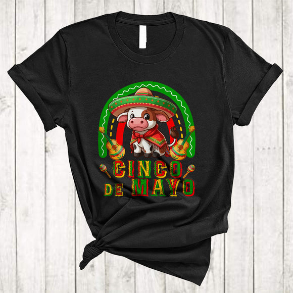MacnyStore - Cinco De Mayo, Lovely Cinco De Mayo Cow Wearing Mexican Sombrero, Farm Animal Farmer T-Shirt