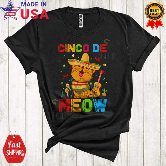 MacnyStore - Cinco De Meow Funny Cool Cinco De Mayo Cat Wearing Mexican Sombrero Guitar Lover T-Shirt