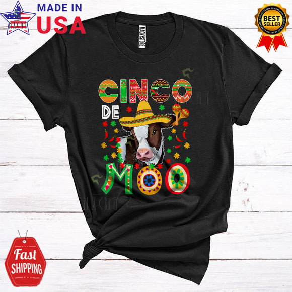 MacnyStore - Cinco De Moo Cute Funny Cinco De Mayo Fiesta Mexican Cow Wearing Sombrero Lover T-Shirt