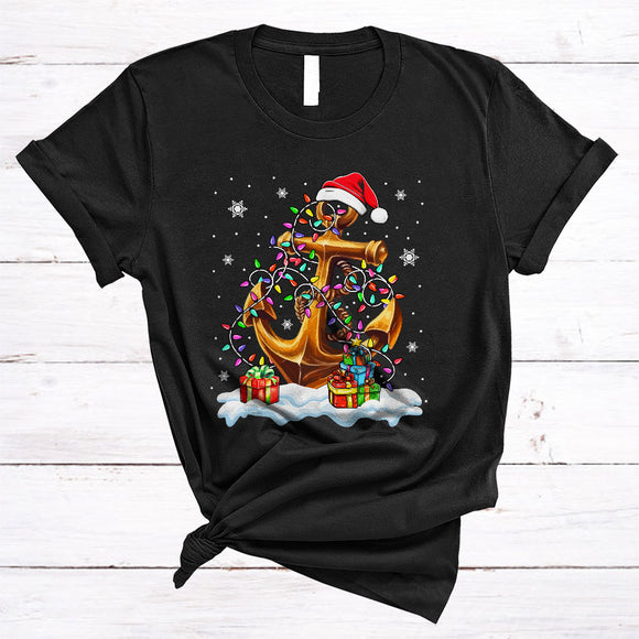 MacnyStore - Colorful X-mas Lights Santa Anchor, Cool Merry Christmas Snow Boat Cruise Sailing Pontoon T-Shirt