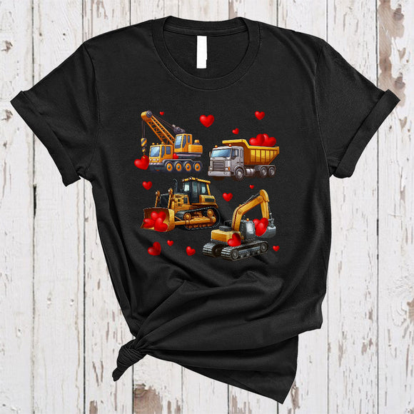 MacnyStore - Construction Trucks Collection, Joyful Valentine Hearts On Excavator Crane Truck, Boys Driver T-Shirt