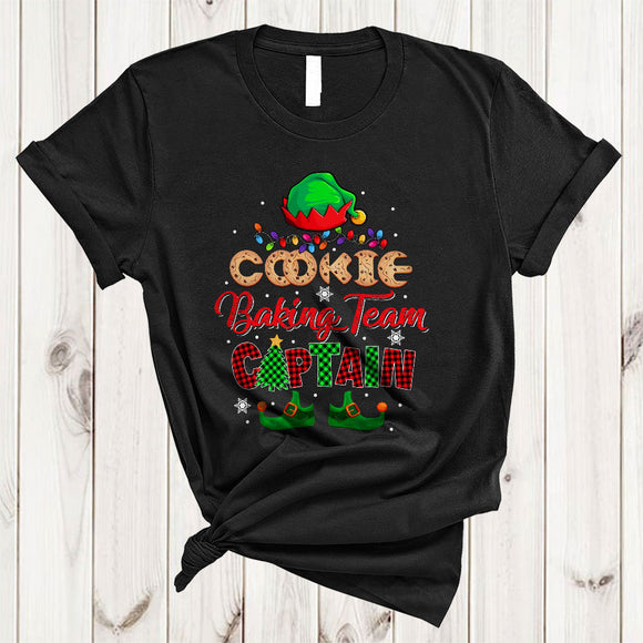 MacnyStore - Cookie Baking Team Captain, Adorable Christmas Plaid ELF Hat Feet, X-mas Lights Baking Baker Group T-Shirt