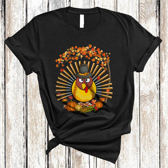 MacnyStore - Cool Softball Equipment As Turkey, Funny Thanksgiving Fall Tree Turkey, Sport Player Team T-Shirt
