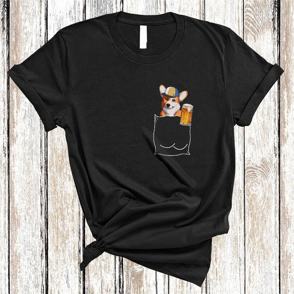 MacnyStore - Corgi Drinking Beer In Pocket, Humorous Drunker Beer Animal Lover, Drinking Group T-Shirt