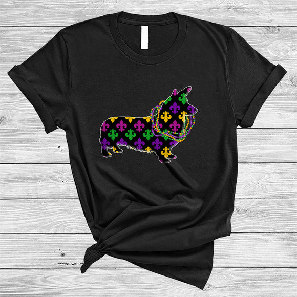 MacnyStore - Corgi Mardi Gras Symbol Shape, Cheerful Mardi Gras Beads Parades Group, Matching Corgi Dog Lover T-Shirt
