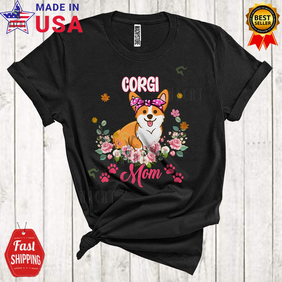 MacnyStore - Corgi Mom Cute Cool Mother's Day Family Flowers Dog Paws Matching Dog Owner Lover T-Shirt