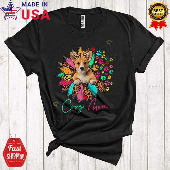 MacnyStore - Corgi Mom Funny Cool Mother's Day Family Leopard Half Sunflower Paws T-Shirt