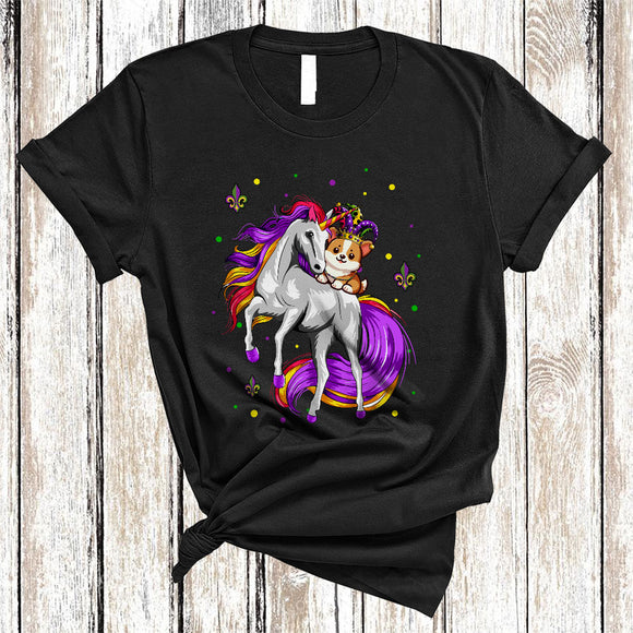 MacnyStore - Corgi Riding Unicorn, Joyful Mardi Gras Magical Unicorn Lover, Matching Parades Group T-Shirt