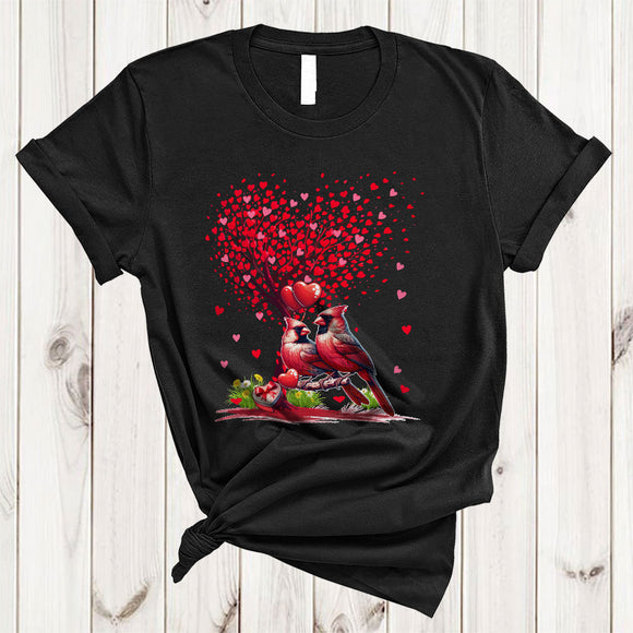 MacnyStore - Couple Cardinal Bird With Valentine Heart Tree, Lovely Valentine's Day Hearts, Bird Animal Lover T-Shirt