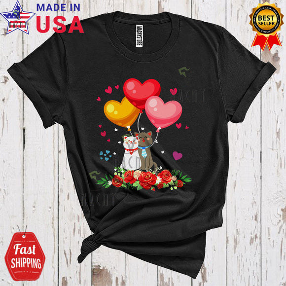 MacnyStore - Couple Cat Cute Funny Valentine's Day Heart Balloons Matching Cat Owner Couple Lover T-Shirt