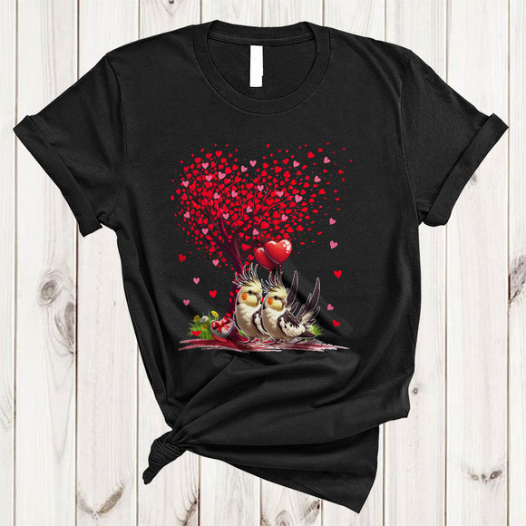 MacnyStore - Couple Cockatiel With Valentine Heart Tree, Lovely Valentine's Day Hearts, Bird Animal Lover T-Shirt