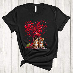 MacnyStore - Couple Corgi With Heart Tree, Awesome Valentine Heart Balloons, Matching Couple Lover T-Shirt