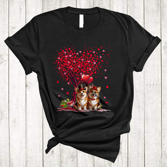 MacnyStore - Couple Corgi With Heart Tree, Awesome Valentine Heart Balloons, Matching Couple Lover T-Shirt