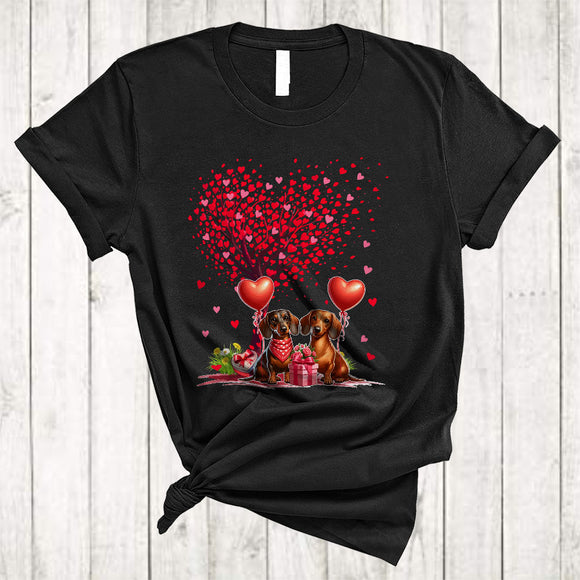 MacnyStore - Couple Dachshund With Heart Tree, Awesome Valentine Heart Balloons, Matching Couple Lover T-Shirt