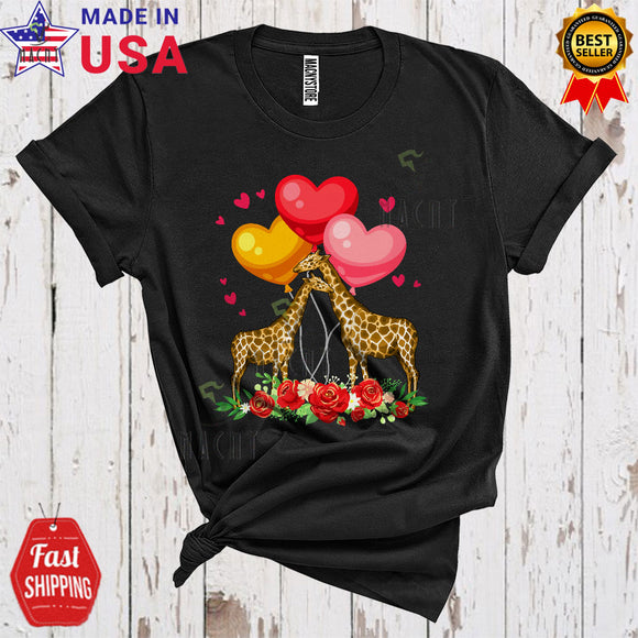 MacnyStore - Couple Giraffe Cute Funny Valentine's Day Heart Balloons Matching Giraffe Animal Couple Lover T-Shirt