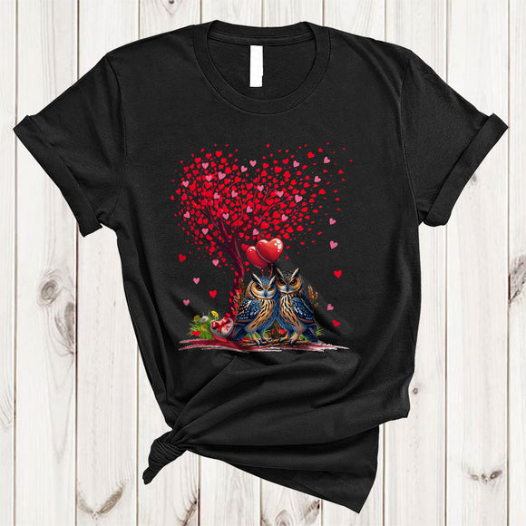 MacnyStore - Couple Owl With Valentine Heart Tree, Lovely Valentine's Day Hearts, Bird Animal Lover T-Shirt