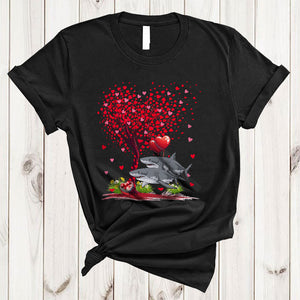 MacnyStore - Couple Shark With Valentine Heart Tree, Lovely Valentine's Day Hearts, Sea Animal Lover T-Shirt