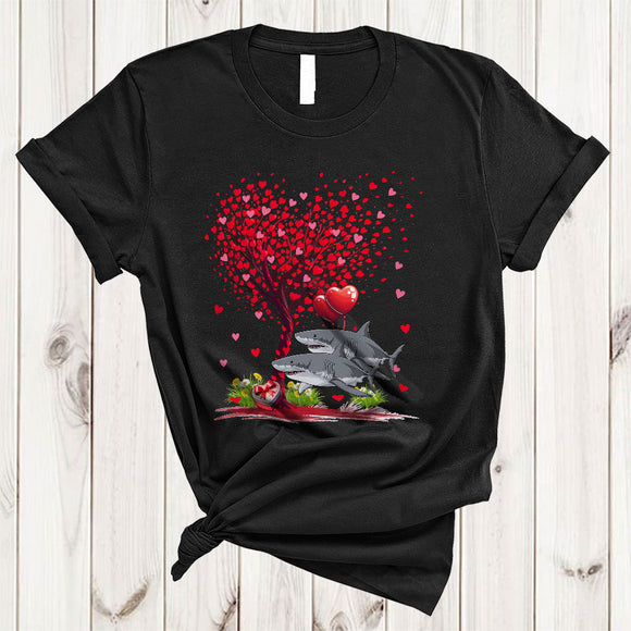 MacnyStore - Couple Shark With Valentine Heart Tree, Lovely Valentine's Day Hearts, Sea Animal Lover T-Shirt