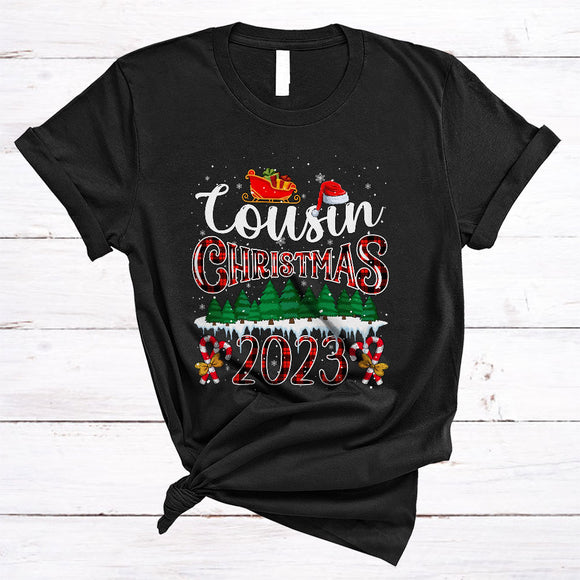MacnyStore - Cousin Christmas 2023, Joyful Christmas Red Plaid X-mas Tree Snow Around, Family Group T-Shirt