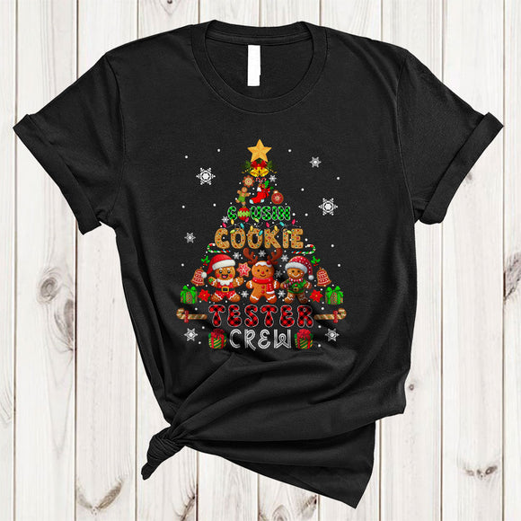 MacnyStore - Cousin Cookie Tester Crew, Cheerful Plaid Christmas Tree Gingerbread, X-mas Lights Baker T-Shirt