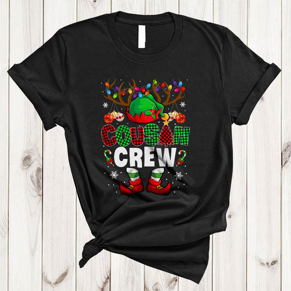 MacnyStore - Cousin Crew, Adorable Christmas Plaid ELF Hat Feet, X-mas Lights Matching Family Group T-Shirt