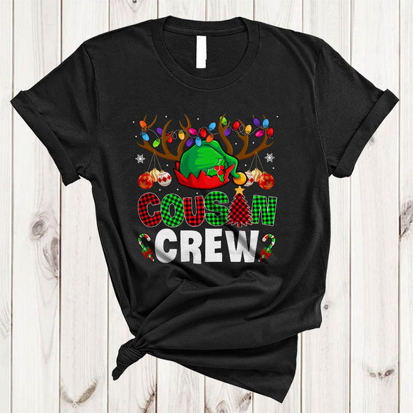 MacnyStore - Cousin Crew, Adorable Christmas Plaid ELF Hat Lover, X-mas Lights Matching Family Group T-Shirt