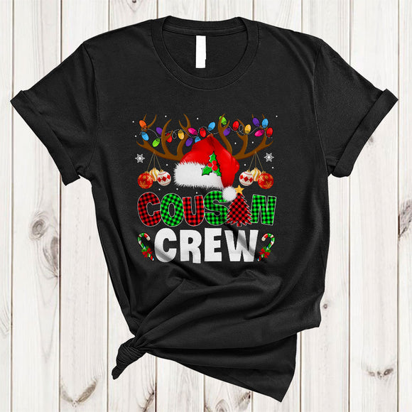 MacnyStore - Cousin Crew, Adorable Christmas Plaid Santa Hat Lover, X-mas Lights Matching Family Group T-Shirt