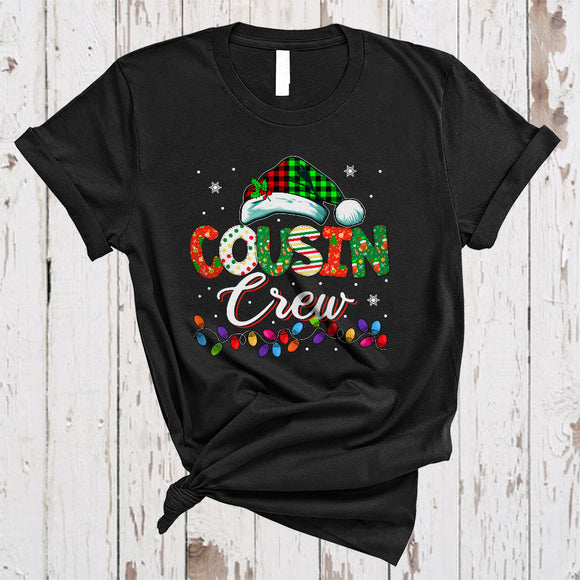 MacnyStore - Cousin Crew, Cute Colorful Christmas Lights Snow, Santa Red Green Plaid, X-mas Family Group T-Shirt