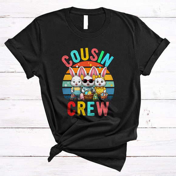 MacnyStore - Cousin Crew, Lovely Vintage Retro Easter Three Bunnies Rabbit Hunting Eggs, Family Group T-Shirt