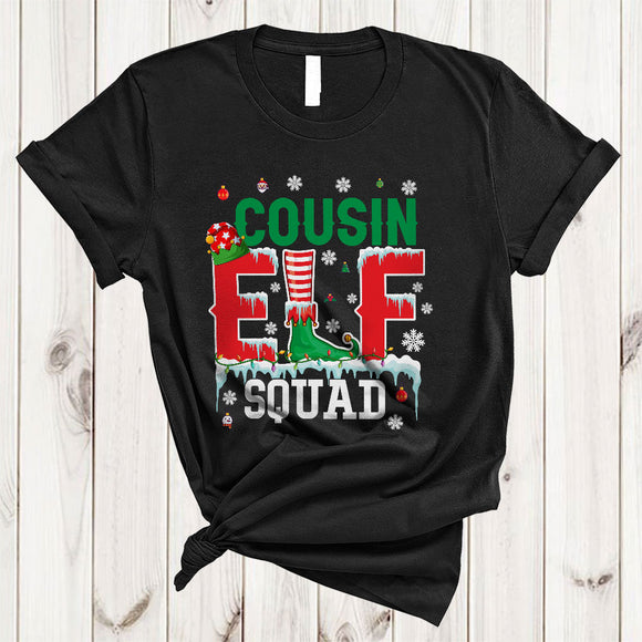 MacnyStore - Cousin Elf Squad, Cheerful Christmas Team Elf Matching Family, X-mas Lights Pajamas Group T-Shirt