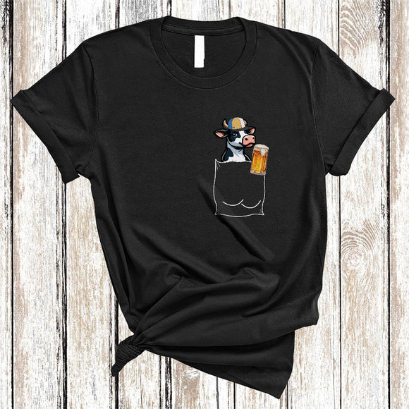 MacnyStore - Cow Drinking Beer In Pocket, Humorous Drunker Beer Animal Lover, Drinking Group T-Shirt