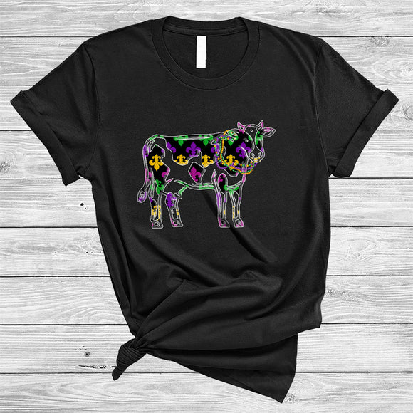 MacnyStore - Cow Mardi Gras Symbol Shape, Cheerful Mardi Gras Beads Parades Group, Matching Cow Farmer Lover T-Shirt