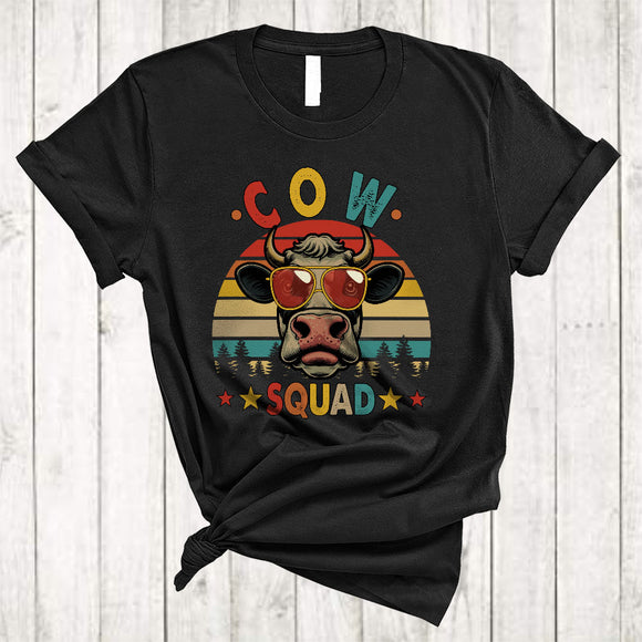 MacnyStore - Cow Squad, Vintage Retro Humorous Cow Wearing Sunglasses, Farmer Farm Animal Lover T-Shirt