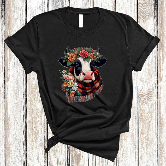 MacnyStore - Cow Wearing Buffalo Red Plaid Scarf, Lovely Cow Farm Animal Lover, Farming Farmer T-Shirt