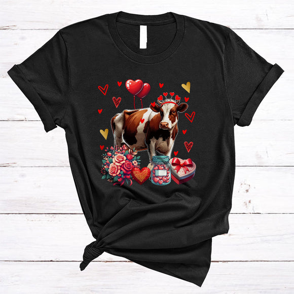 MacnyStore - Cow With Hearts Flowers, Wonderful Valentine's Day Farm Animal, Matching Farmer Group T-Shirt