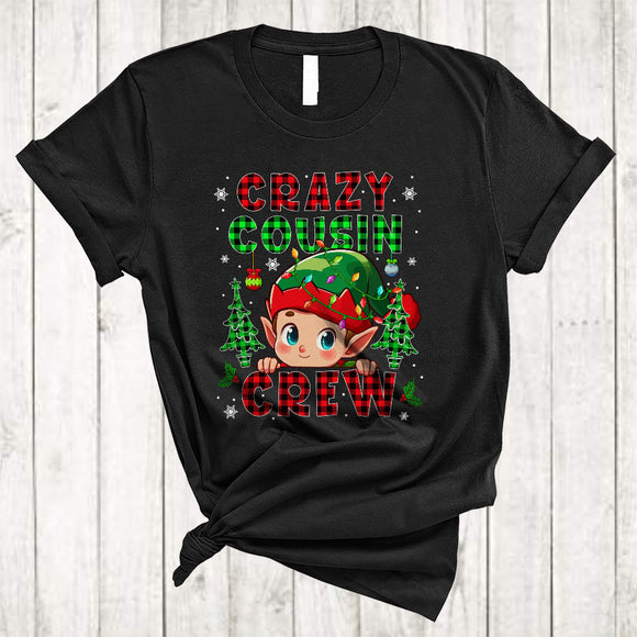 MacnyStore - Crazy Cousin Crew, Adorable Christmas ELF Face, Pajamas Family Group Plaid X-mas Tree T-Shirt