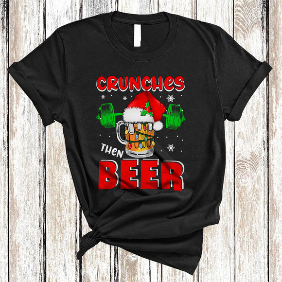 MacnyStore - Crunches Then Beer, Sarcastic Christmas Santa Beer Glass Weightlifting, X-mas Gym Fitness T-Shirt